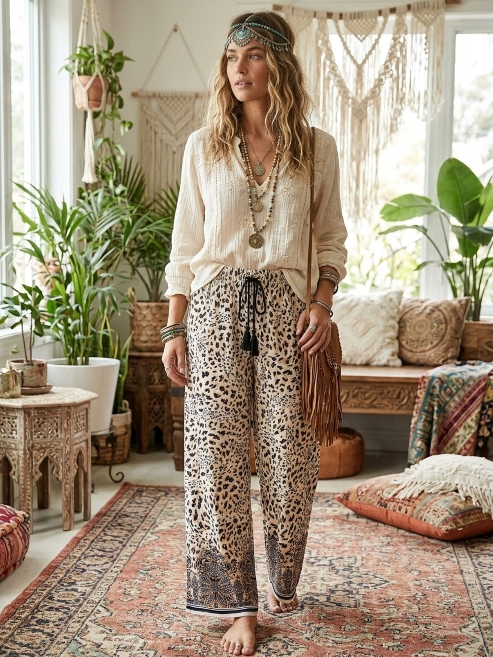 Zac & Rachel Cream Leopard-Print Wide-Leg Pants